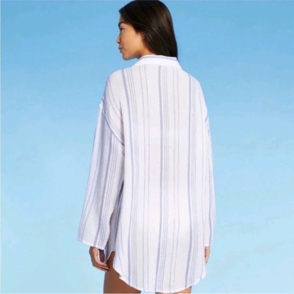 Kona Sol Size Small Gauze Blue & White Stripe Oversized Button Up Swim Coverup - Picture 2 of 6